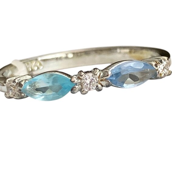 Vintage Sterling Silver Aqua Blue Topaz Size 9 Clear Cubic Zirconia Stackable - Picture 1 of 9